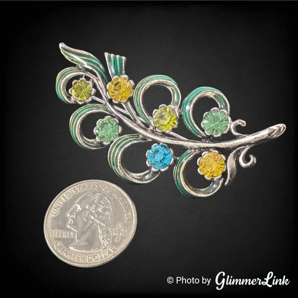Vintage Enamel Rhinestone Leaf Brooch Silver Tone Green Ribbon Curl Design